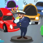 Zeichnung eines Polizisten umringt von bremsenden Autos