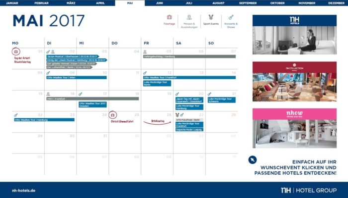 Eventkalender mit den Feiertagen und Veranstaltungen. Grafik: NH Hotel Group