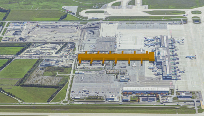 Der geplante „T-Stiel“, ein rechtwinkling nach Osten anschließender Bau am Satellitengebäude des Terminal 2 am Flughafen München. Foto: Flughafen München GmbH