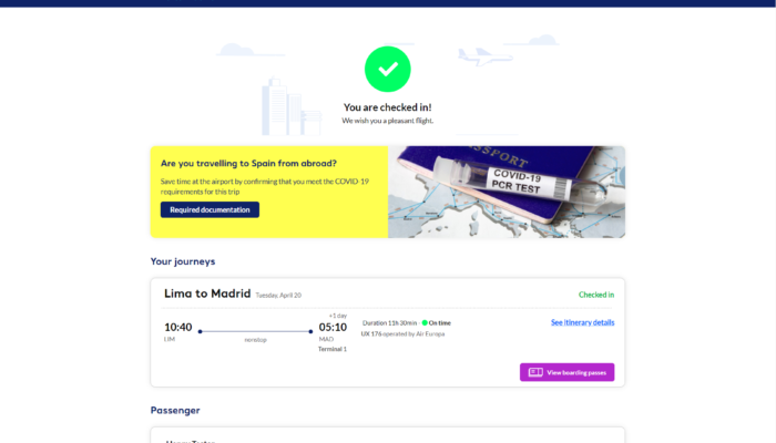Bei Air Europa können die Passagiere ihre Gesundheitsdaten beim Online-Checkin angeben. Grafik: Amadeus